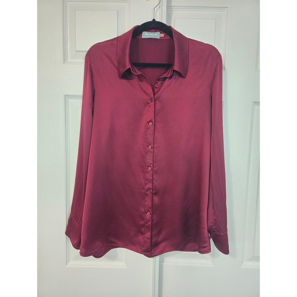 Ravella 100% Pure Silk Burgundy Button Down Blouse Long Sleeve Shirt Womens L